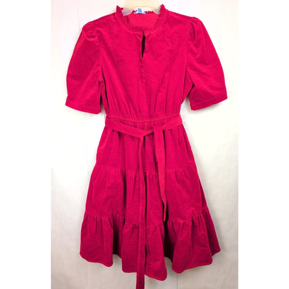 Draper James red velvet corduroy tiered puff sleeve midi dress Size Lrg Cottage - Picture 2 of 10